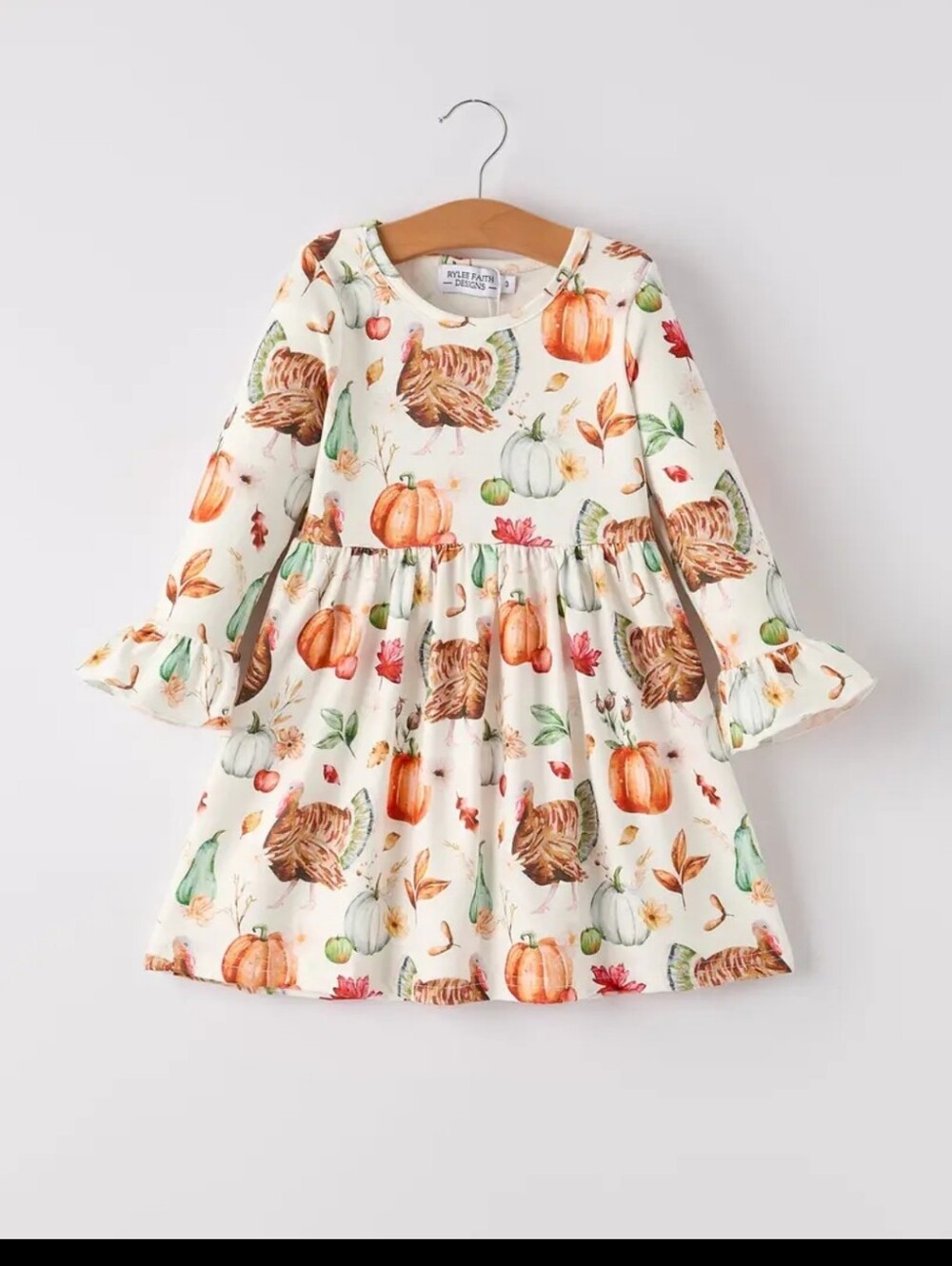 Cream Fall Pumpkin & Turkey Print Long-Sleeve Kids Dress